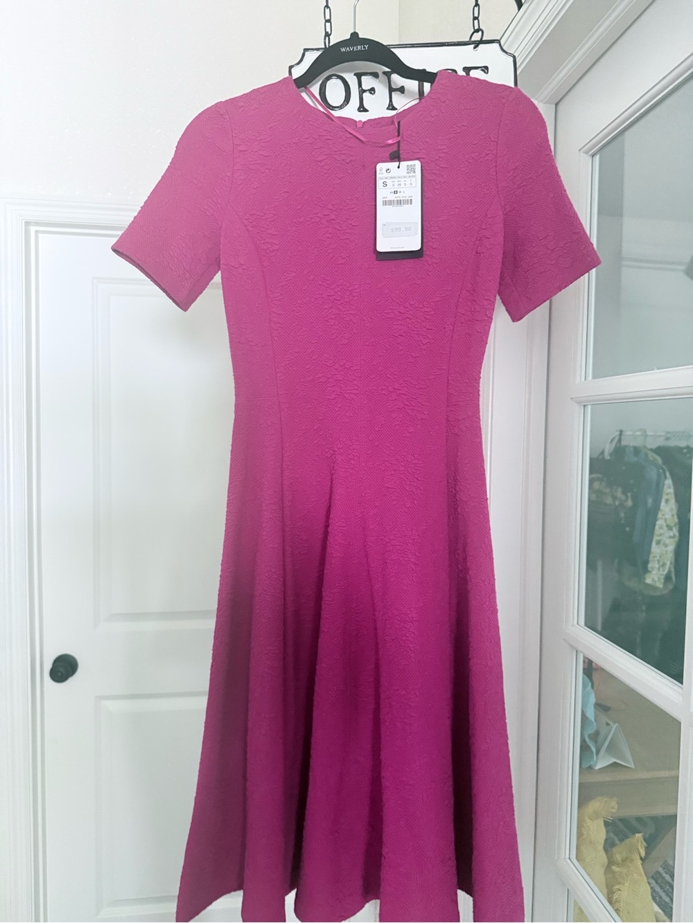 Zara women’s Magenta Textured Fit-and-Flare Dress